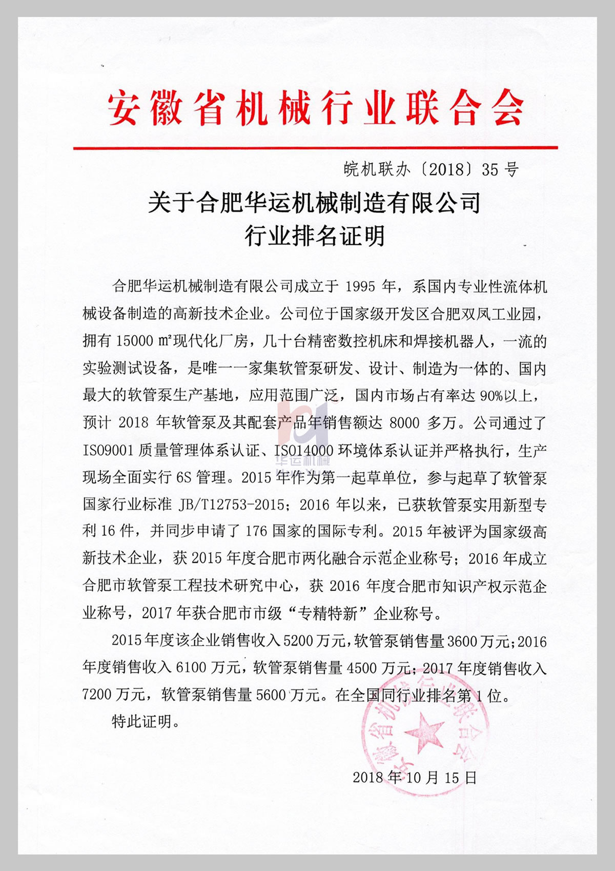 关于合肥Huayun Machinery制造有限公司行业排名证明